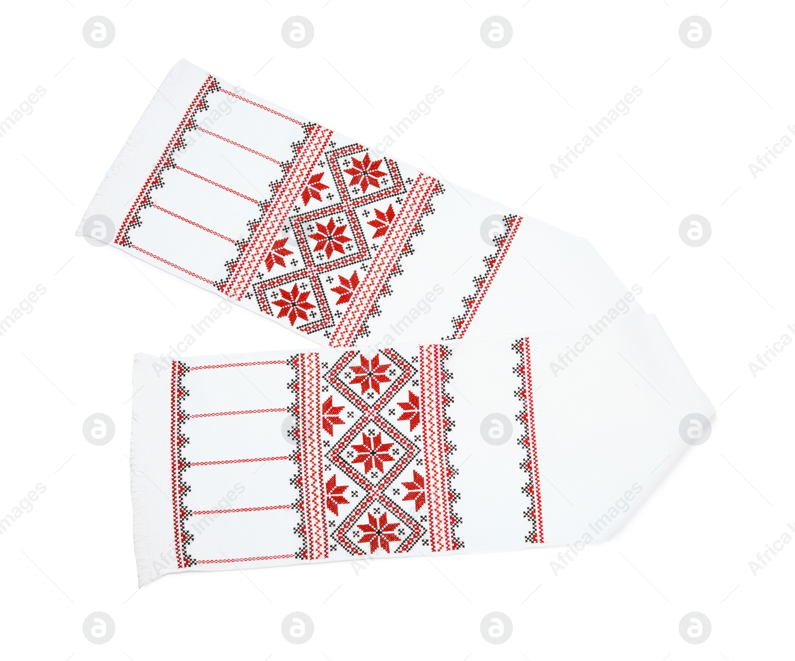 Photo of Beautiful rushnyk on white background, top view. Ukrainian national embroidery