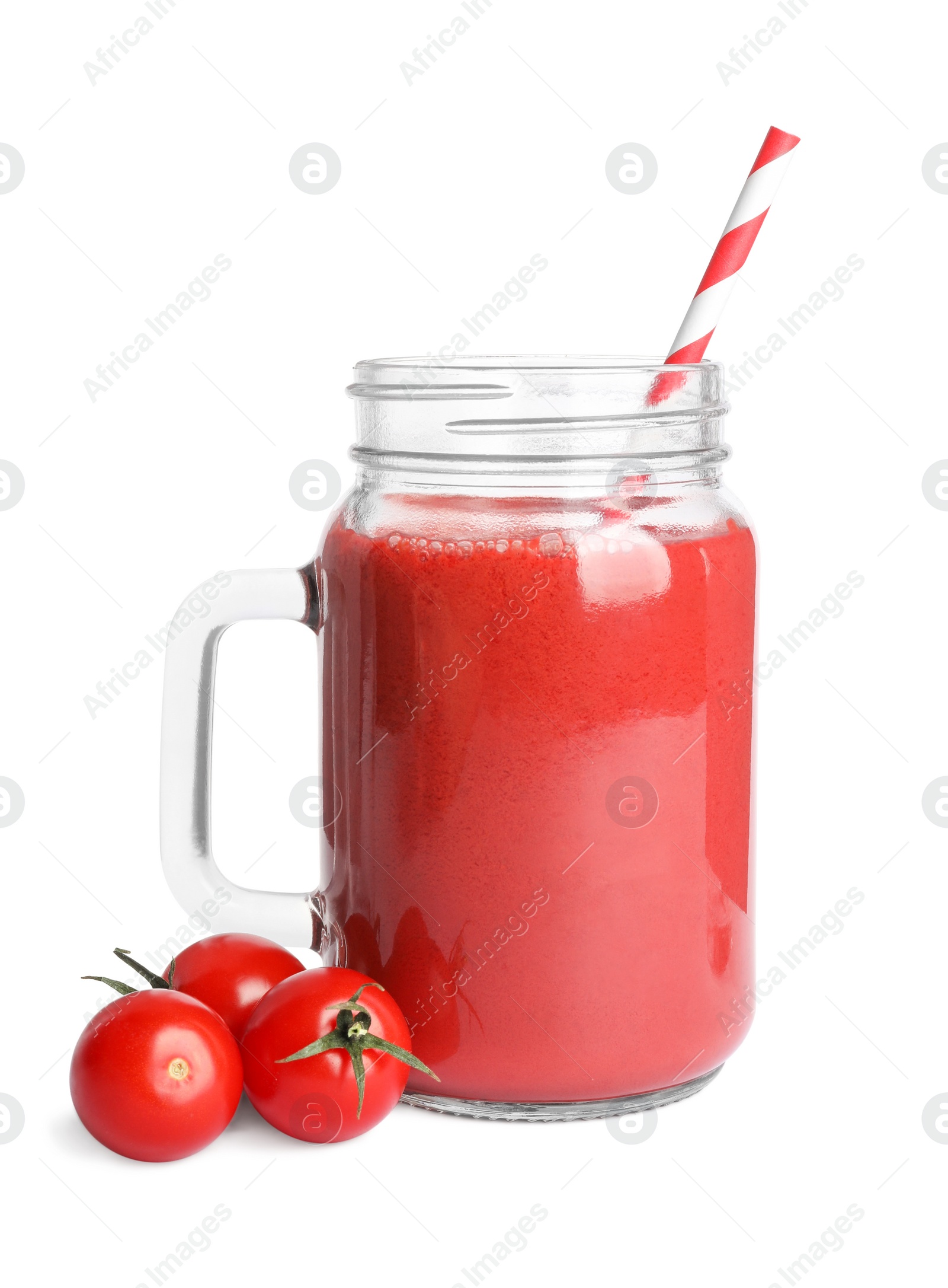 Photo of Mason jar of tasty tomato smoothie and fresh vegetables on white background