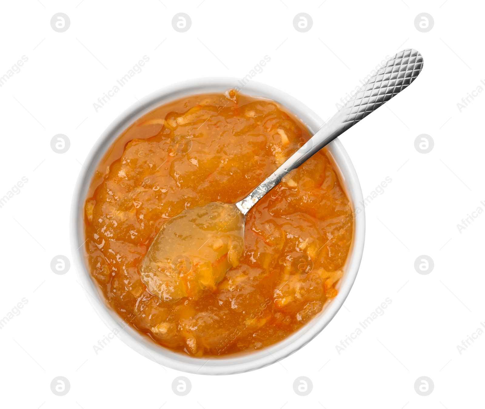 Photo of Bowl of delicious orange marmalade with spoon on white background, top view