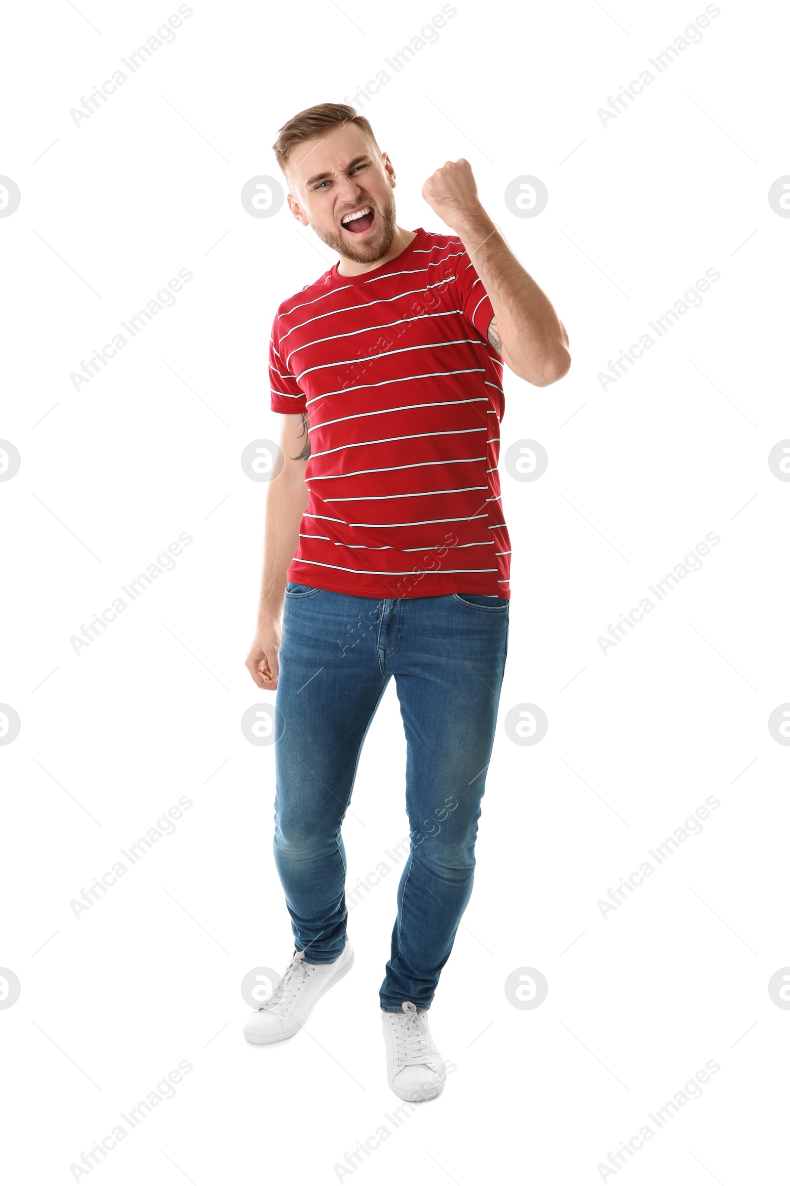 Photo of Full length portrait of emotional man on white background