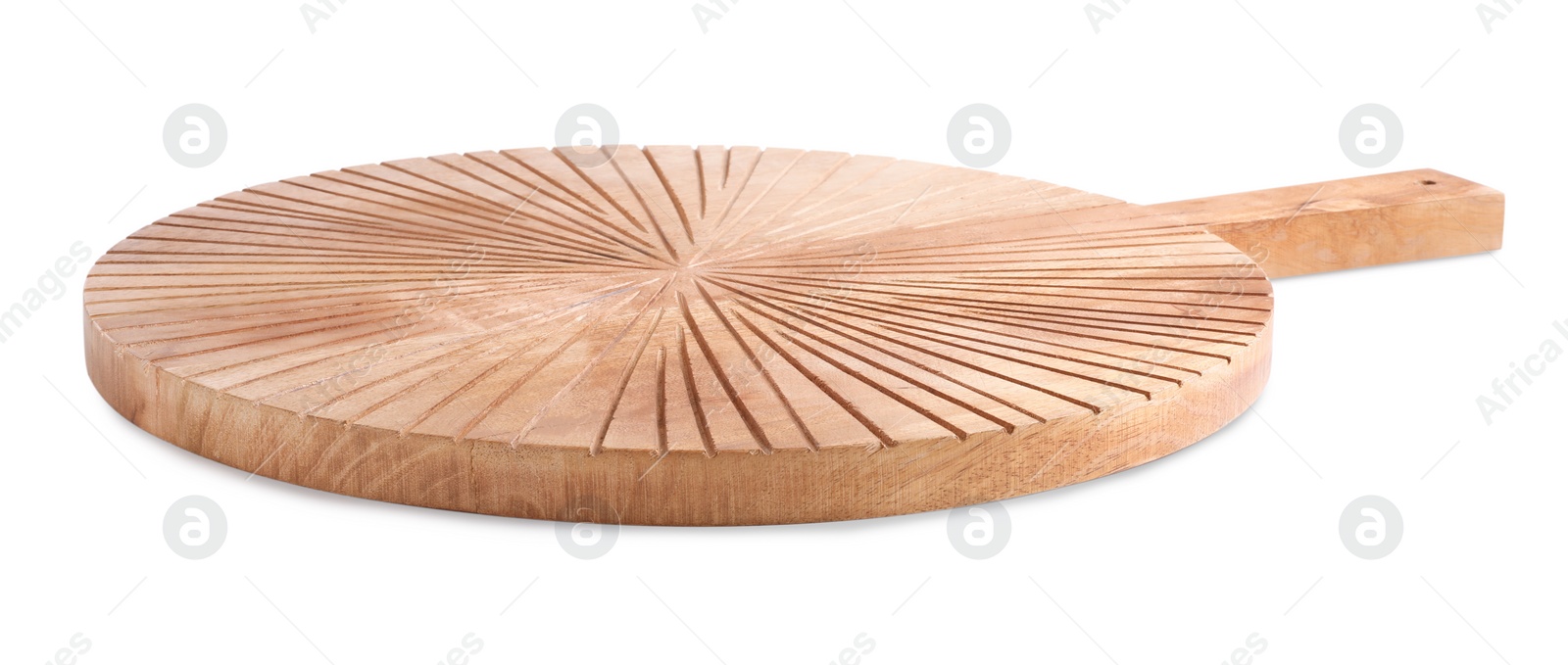 Photo of Wooden cutting board isolated on white. Cooking utensil
