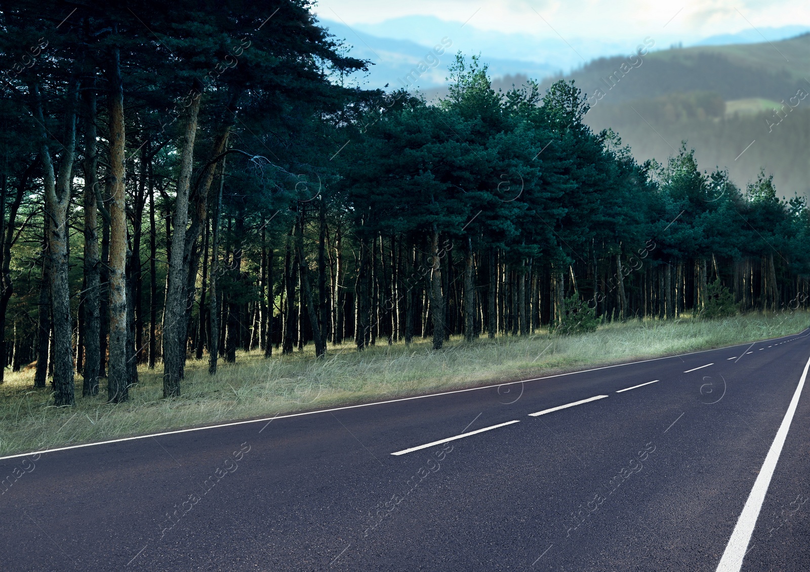 Image of Beautiful view of forest and empty asphalt road leading to mountains