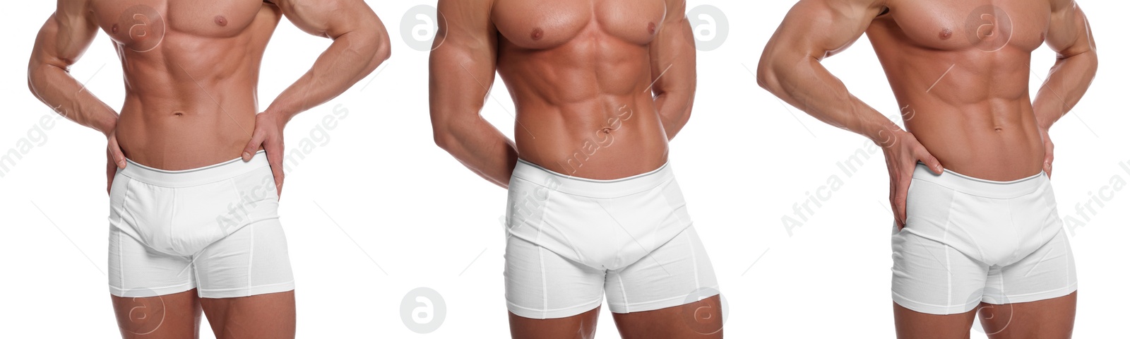 Image of Man in stylish underwear on white background, set of closeup photos