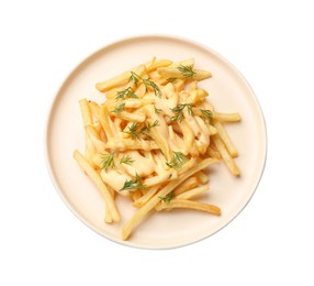 Photo of Delicious french fries with cheese sauce and dill isolated on white, top view