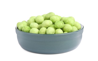 Tasty wasabi coated peanuts in bowl on white background