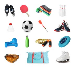 Image of Set with different sports tools on white background 