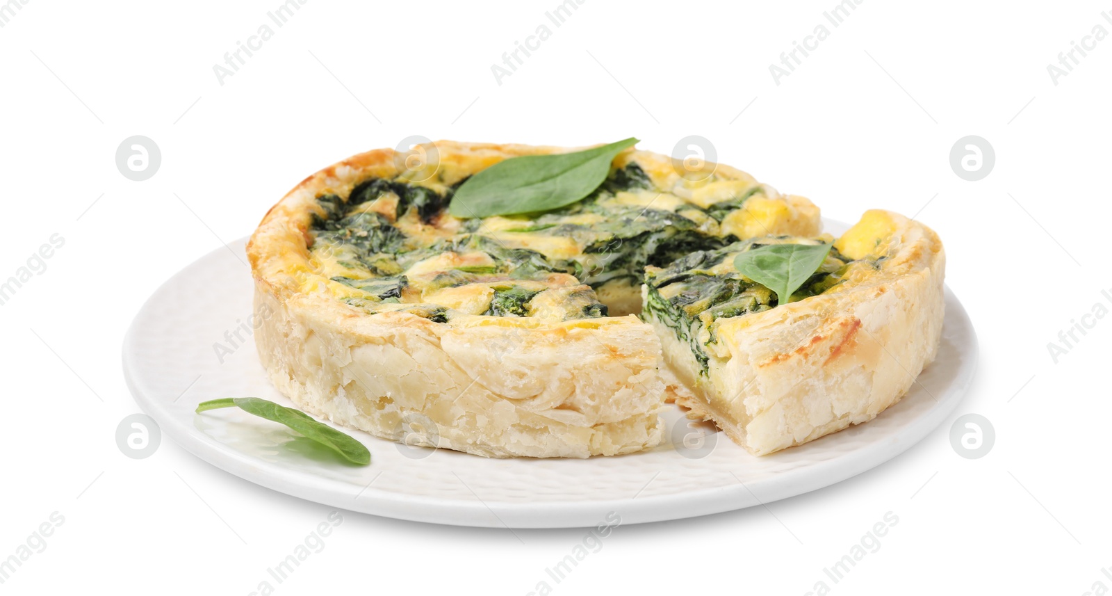 Photo of Delicious pie with spinach isolated on white