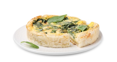 Photo of Delicious pie with spinach isolated on white