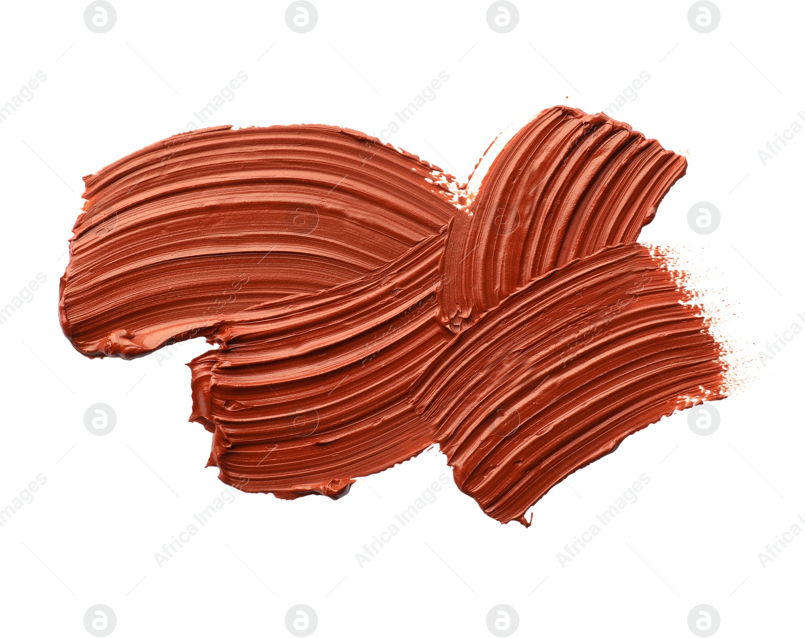 Photo of Brown oil paint strokes on white background, top view