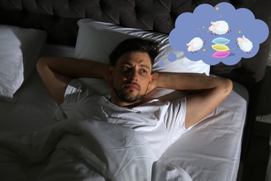 Image of Man trying to fall asleep counting sheep in bed at night, above view