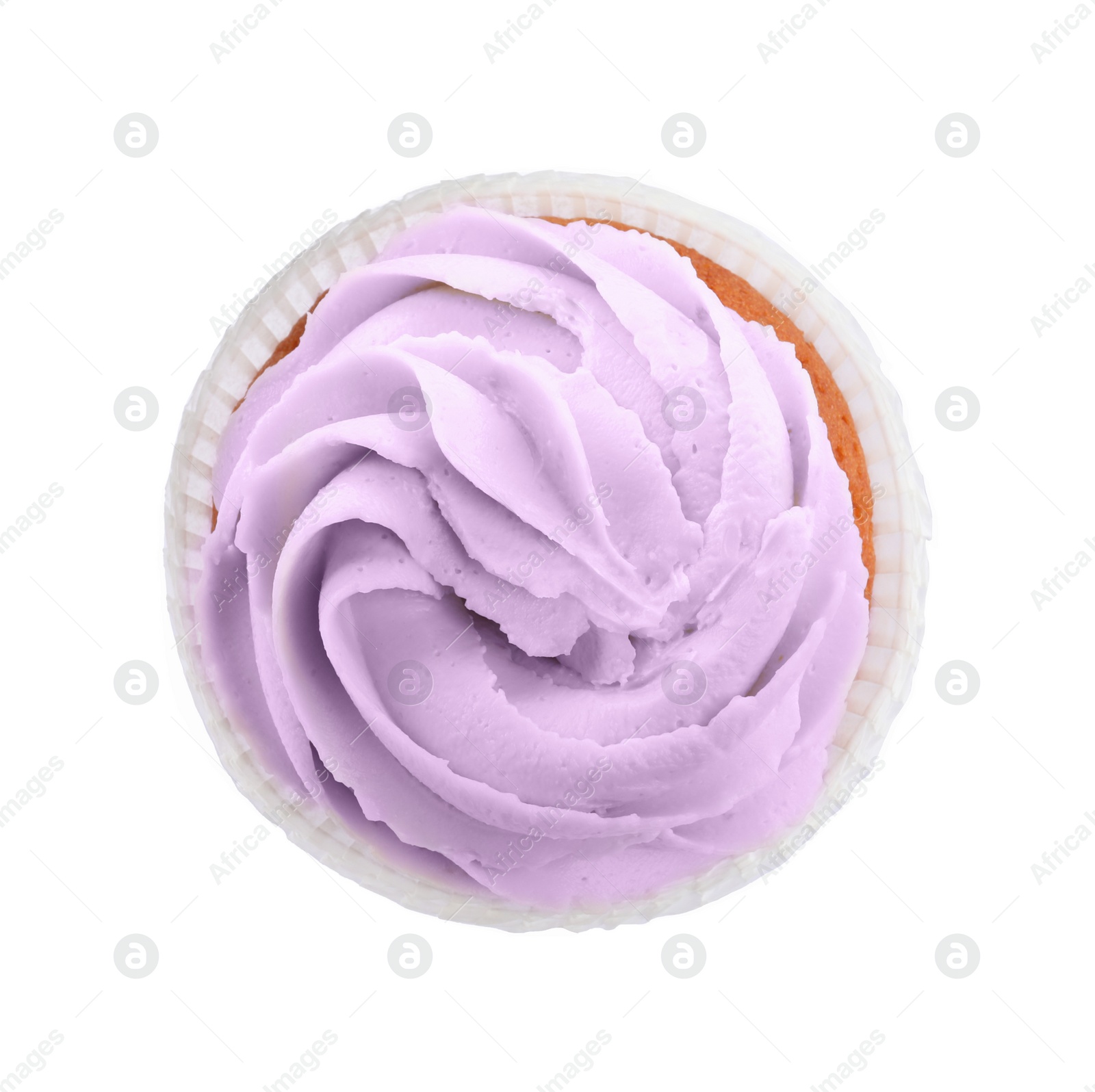 Photo of Tasty cupcake with cream isolated on white, top view