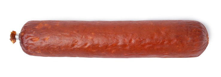 Photo of Whole delicious smoked sausage isolated on white, top view