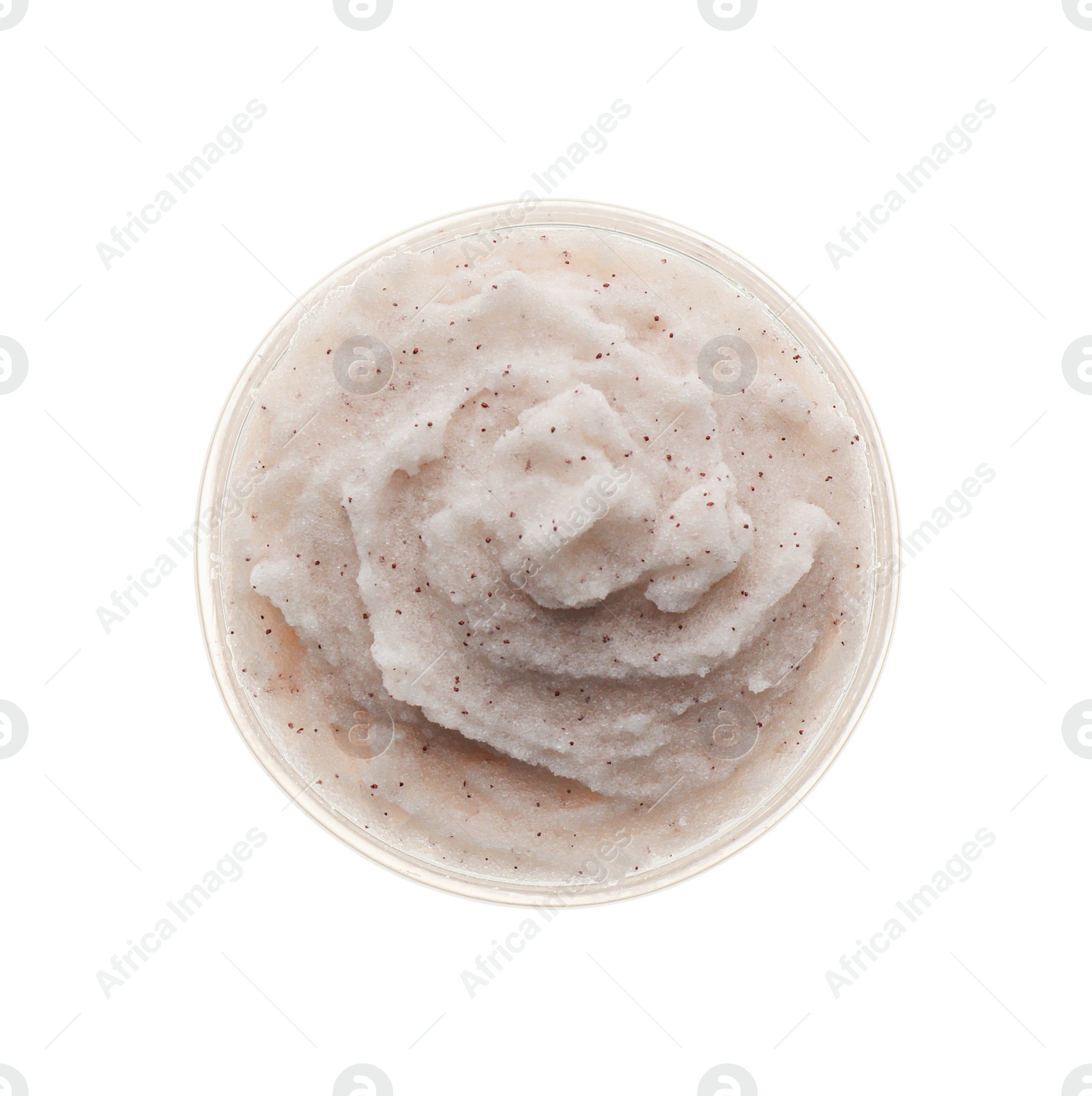 Photo of Bowl of body scrub isolated on white, top view