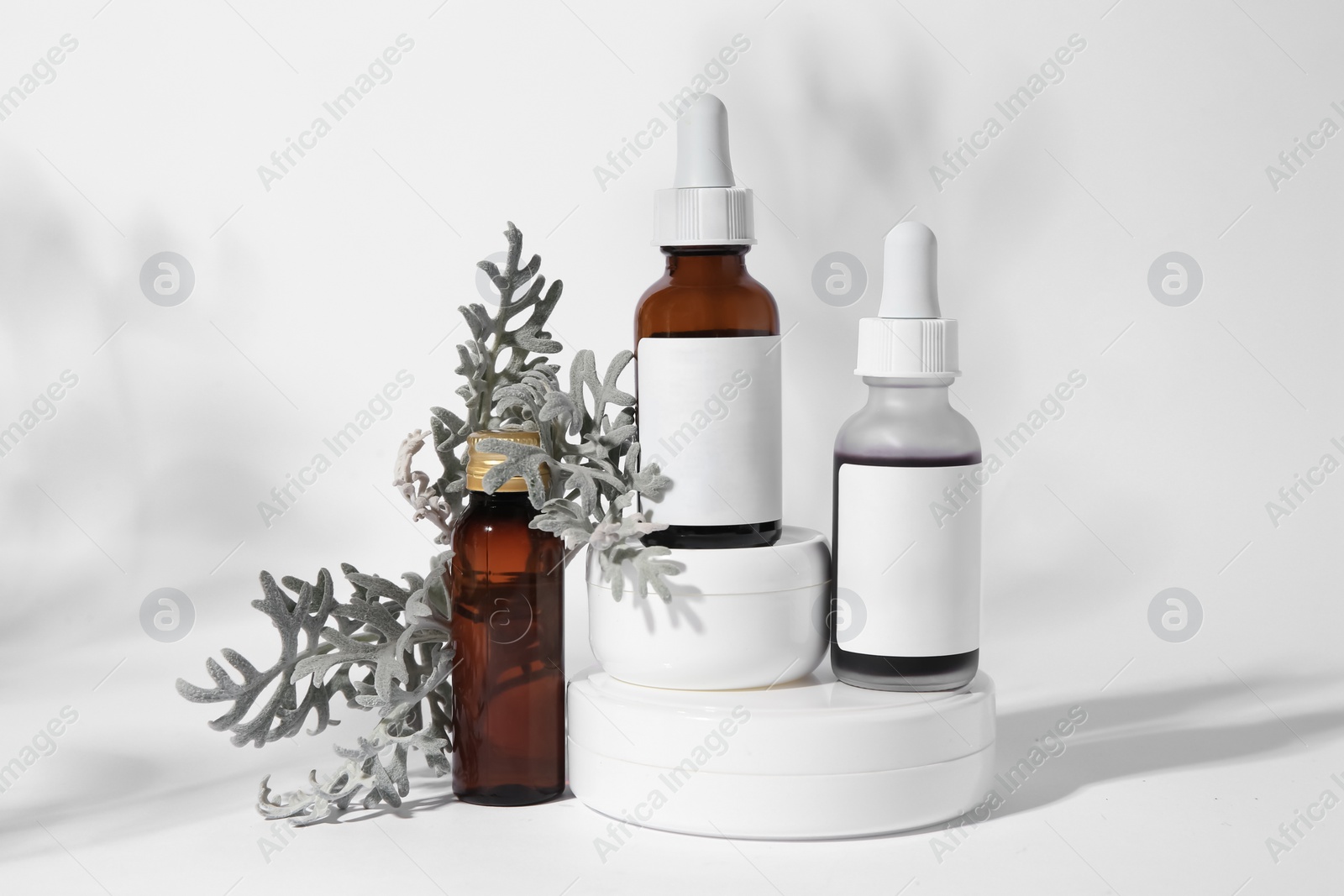 Photo of Cosmetic products and silver leaves on white background