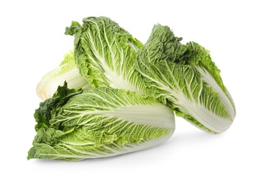 Photo of Fresh tasty Chinese cabbages on white background