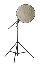 Tripod with studio reflector isolated on white. Professional photographer's equipment