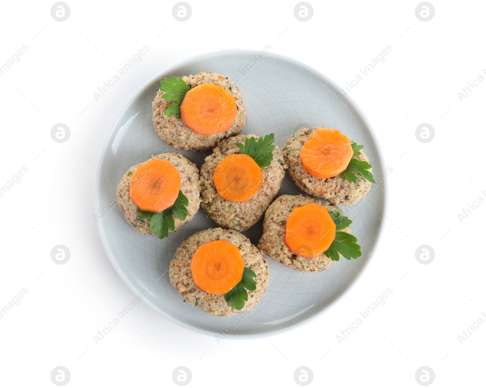 Photo of Plate of traditional Passover (Pesach) gefilte fish isolated on white, top view