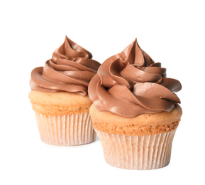 Delicious birthday cupcakes decorated with cream on white background