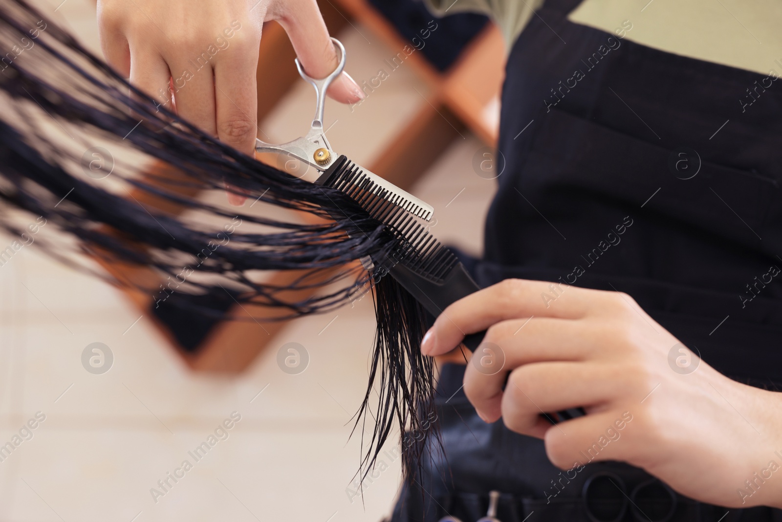 Photo of Professional hairdresser cutting woman's hair in beauty salon, closeup