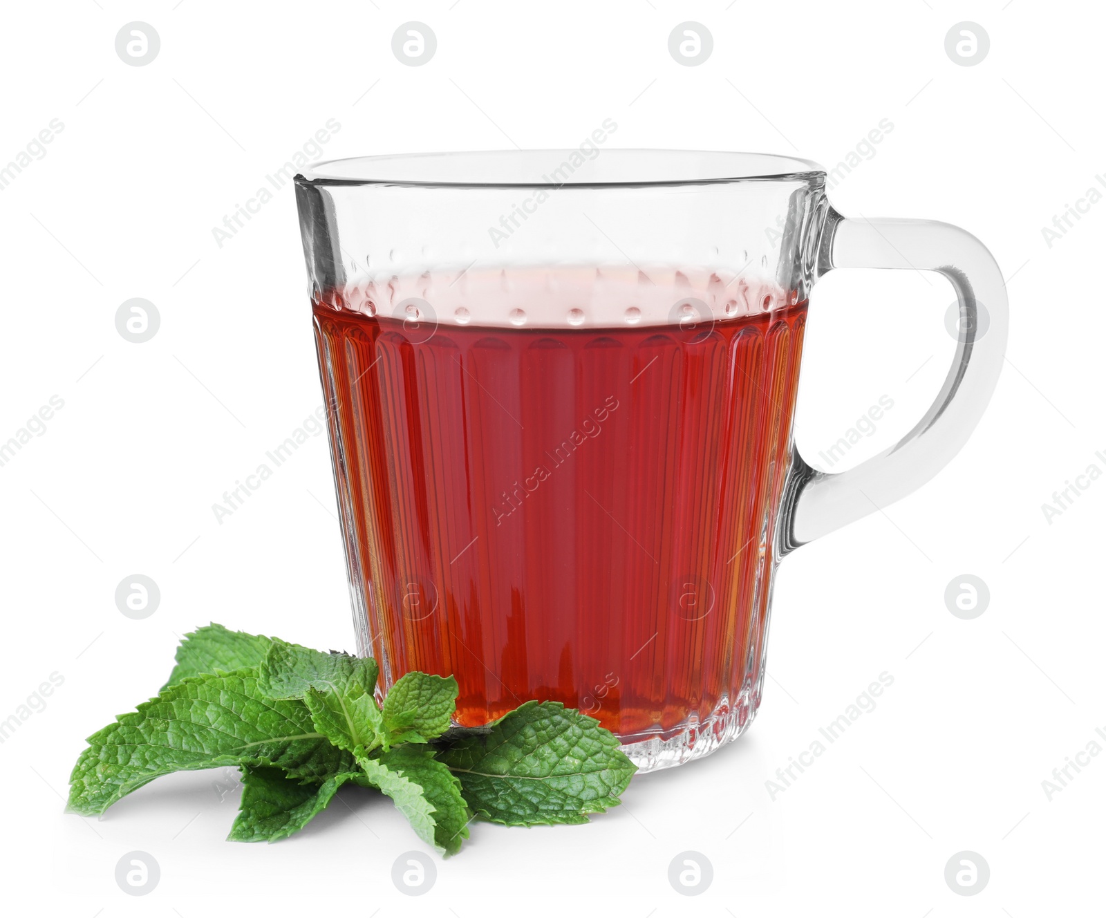 Photo of Cup with hot aromatic mint tea isolated on white