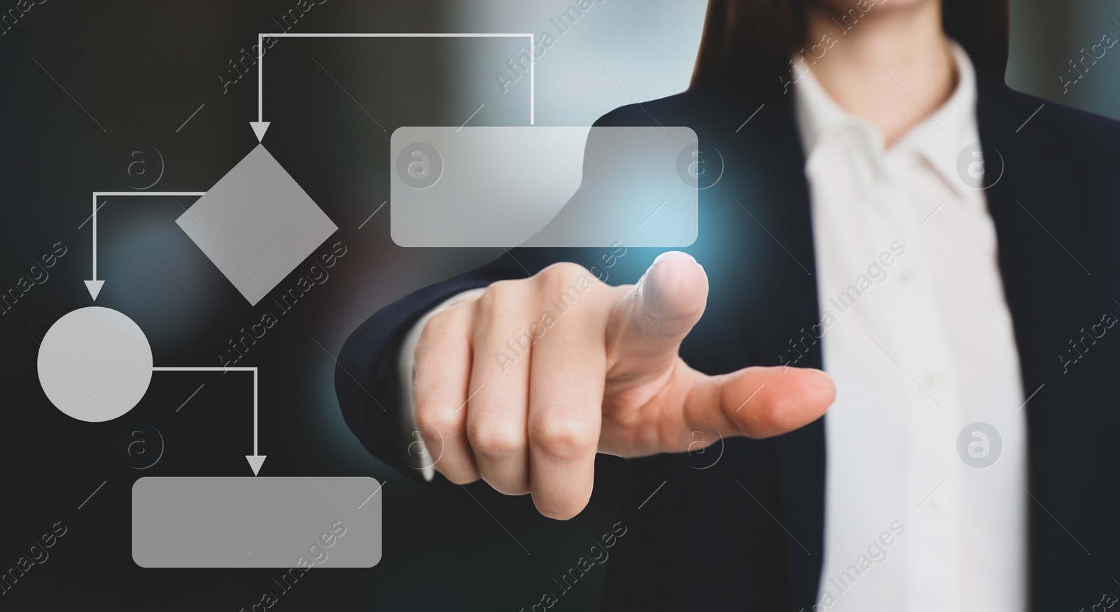 Image of Woman pointing at flowchart on virtual screen against blurred background, closeup. Business process