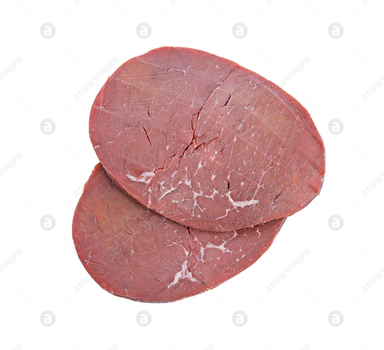 Photo of Slices of tasty bresaola isolated on white, top view