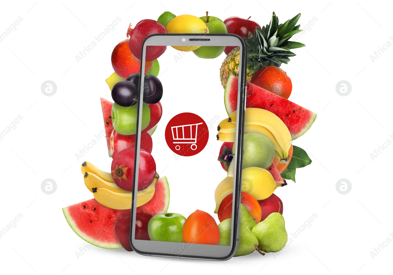 Image of Online purchases. Shopping cart icon and different fruits coming out of smartphone screen on white background