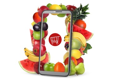 Online purchases. Shopping cart icon and different fruits coming out of smartphone screen on white background