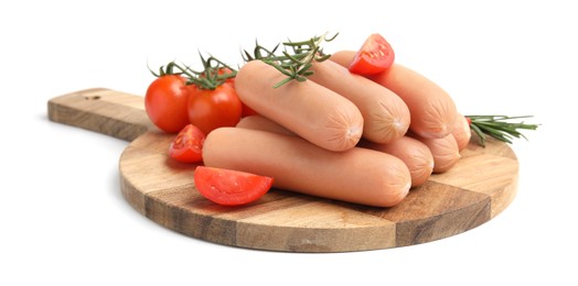 Photo of Delicious boiled sausages, tomatoes and rosemary isolated on white