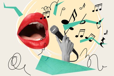 Stylish singer's performance poster. Creative collage lips and microphone on bright background