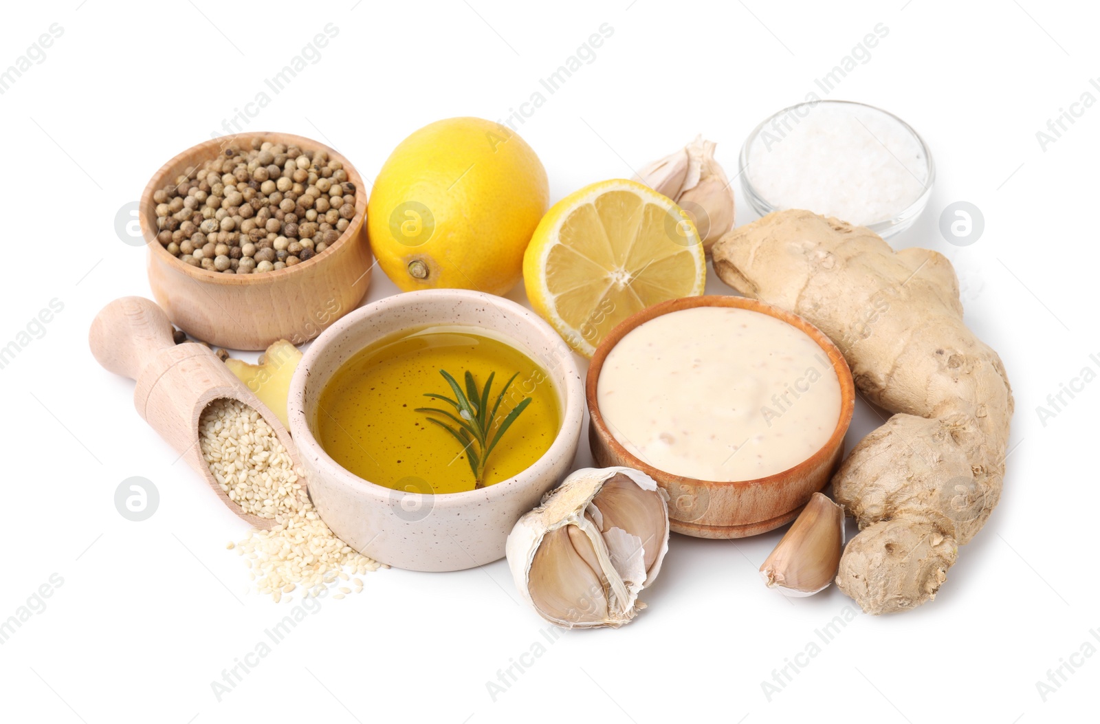 Photo of Fresh marinade and different ingredients on white background