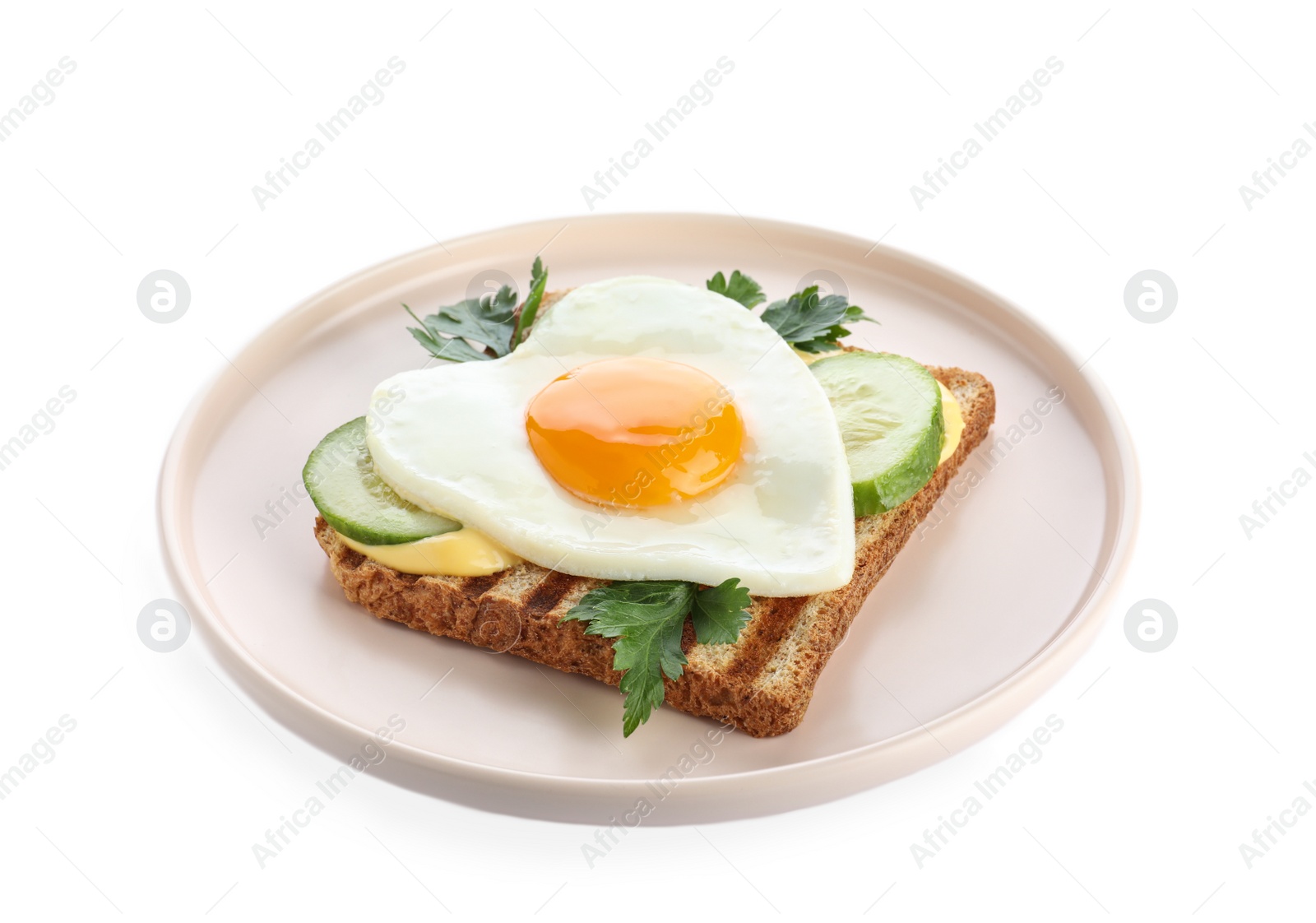 Photo of Plate of tasty sandwich with heart shaped fried egg isolated on white