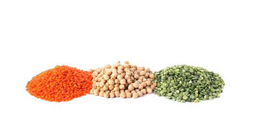 Photo of Different types of legumes on white background. Organic grains