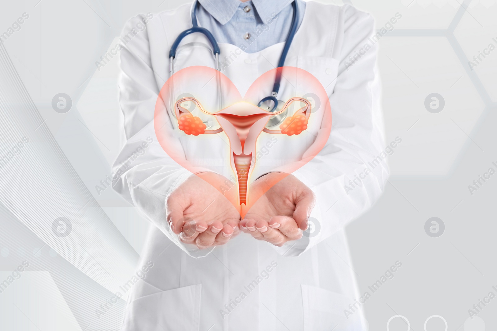 Image of Doctor demonstrating virtual icon with illustration of female reproductive system on light background, closeup. Gynecological care 