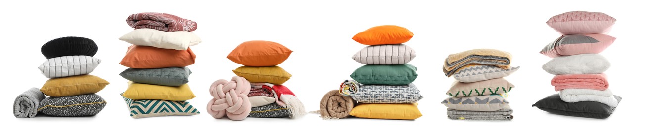 Image of Set with different stylish decorative pillows on white background. Banner design