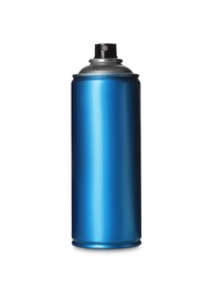 Photo of Can of light blue spray paint isolated on white. Graffiti supply
