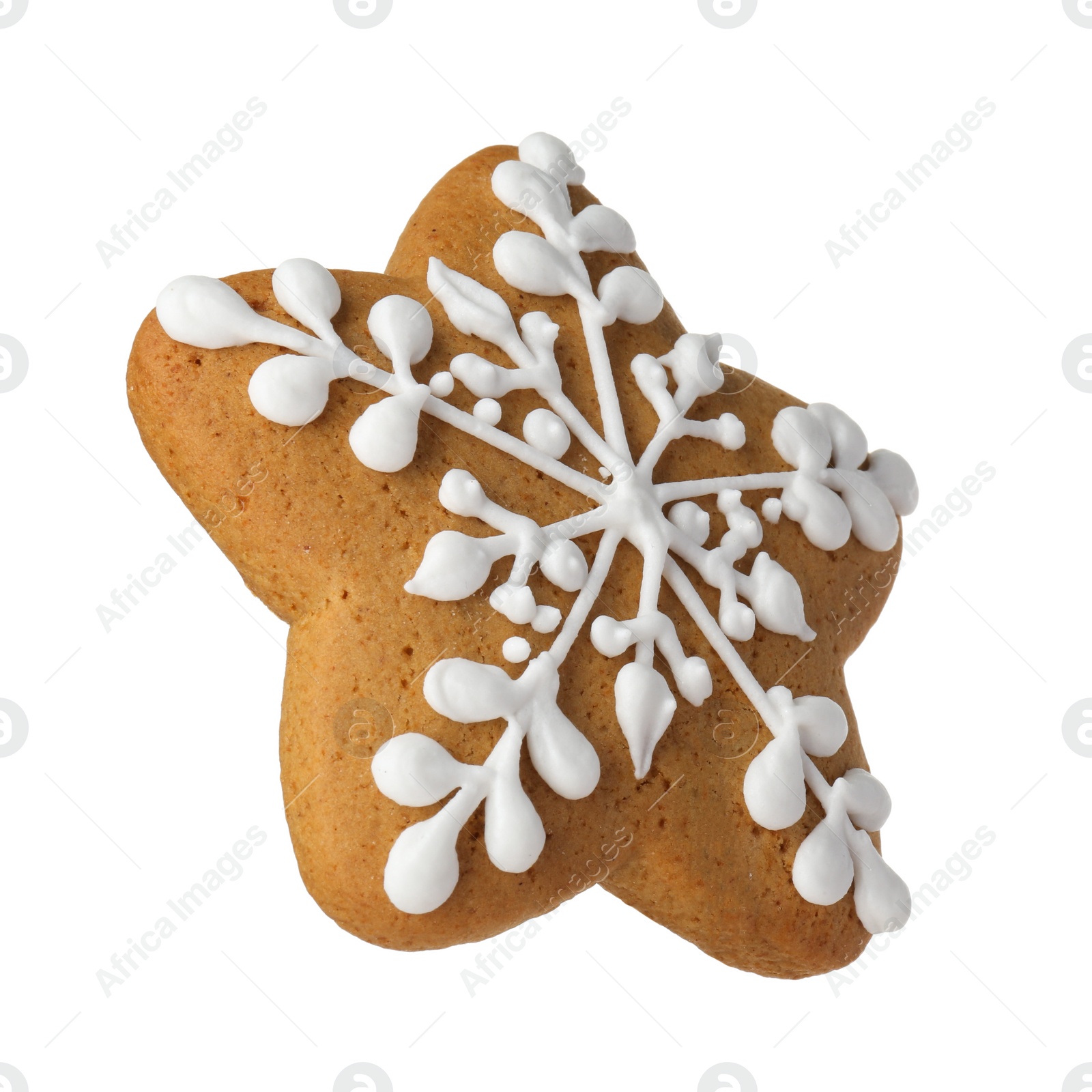 Photo of Tasty star shaped Christmas cookie with icing isolated on white