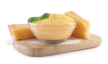 Photo of Delicious grated parmesan cheese on white background