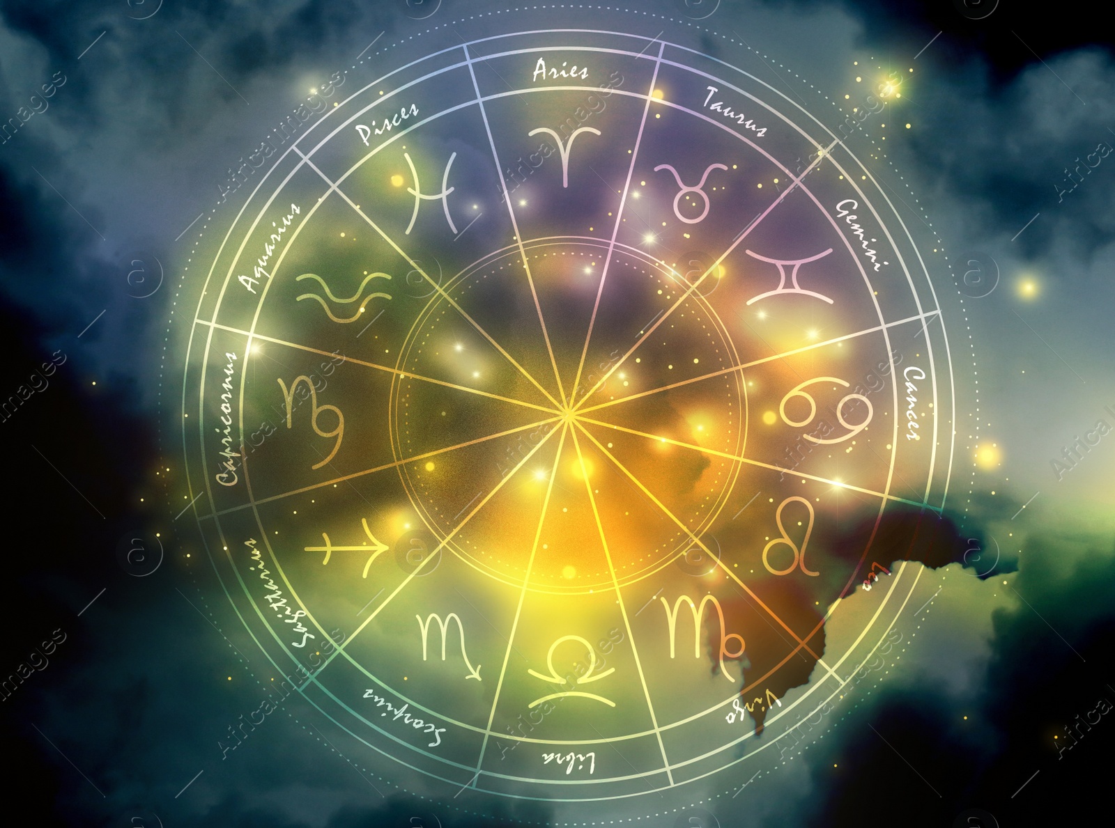 Image of Illustration of night sky with stars and zodiac wheel
