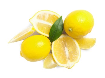 Photo of Fresh ripe lemons with leaf on white background, top view