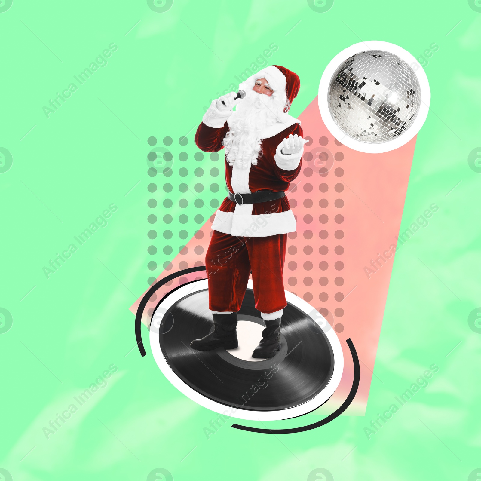 Image of Creative Christmas collage. Santa Claus singing on vinyl record under disco ball against color background