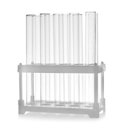 Photo of Empty test tubes on white background. Laboratory equipment