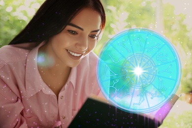 Image of Young woman reading book outdoors and illustration of zodiac wheel with astrological signs