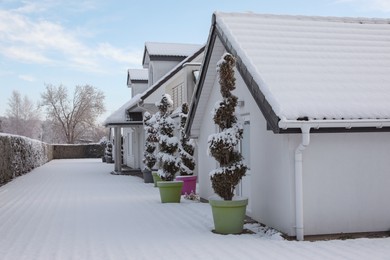 Winter landscape with beautiful houses, trees and bushes in morning