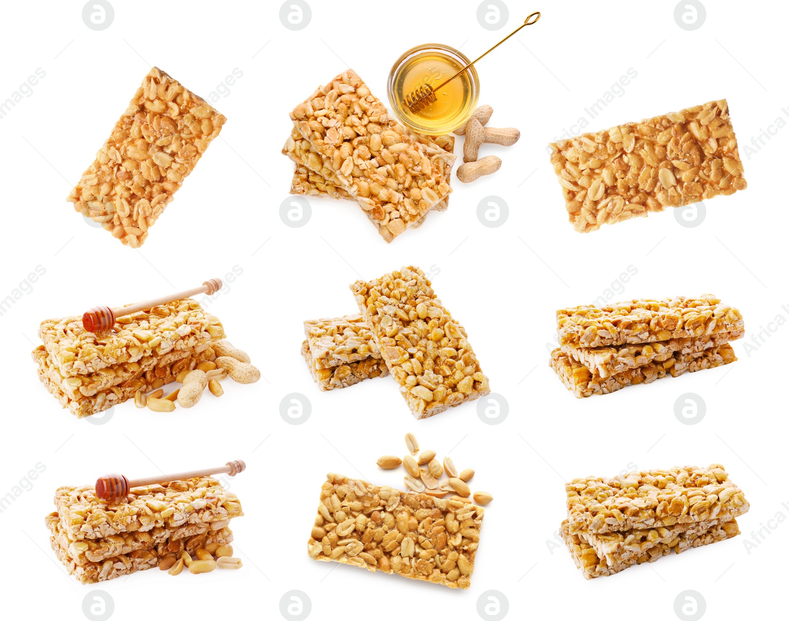 Image of Set with tasty sweet kozinaki on white background