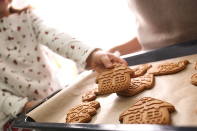 Little child taking tasty Christmas cookie from baking sheet at home, closeup