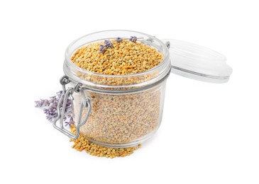 Photo of Fresh bee pollen granules in jar and lavender isolated on white