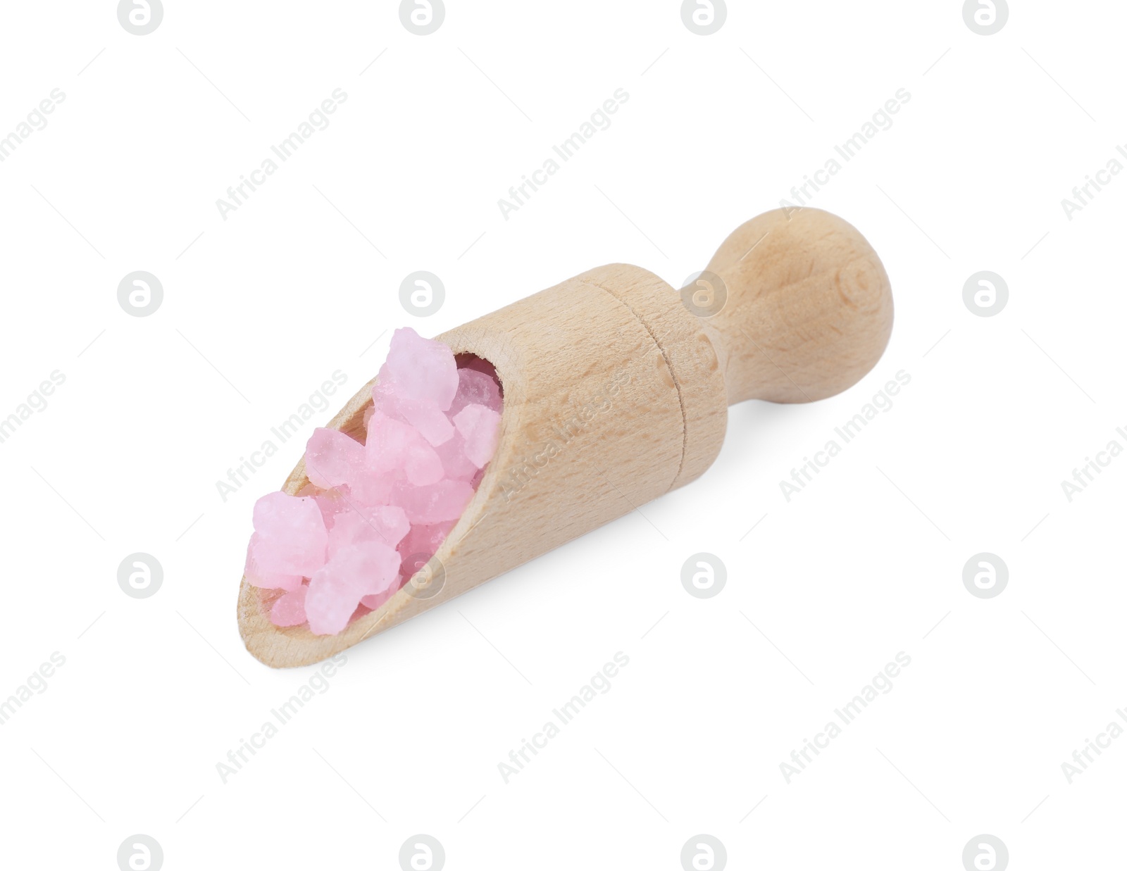 Photo of Wooden scoop with pink sea salt isolated on white