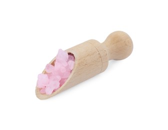 Photo of Wooden scoop with pink sea salt isolated on white