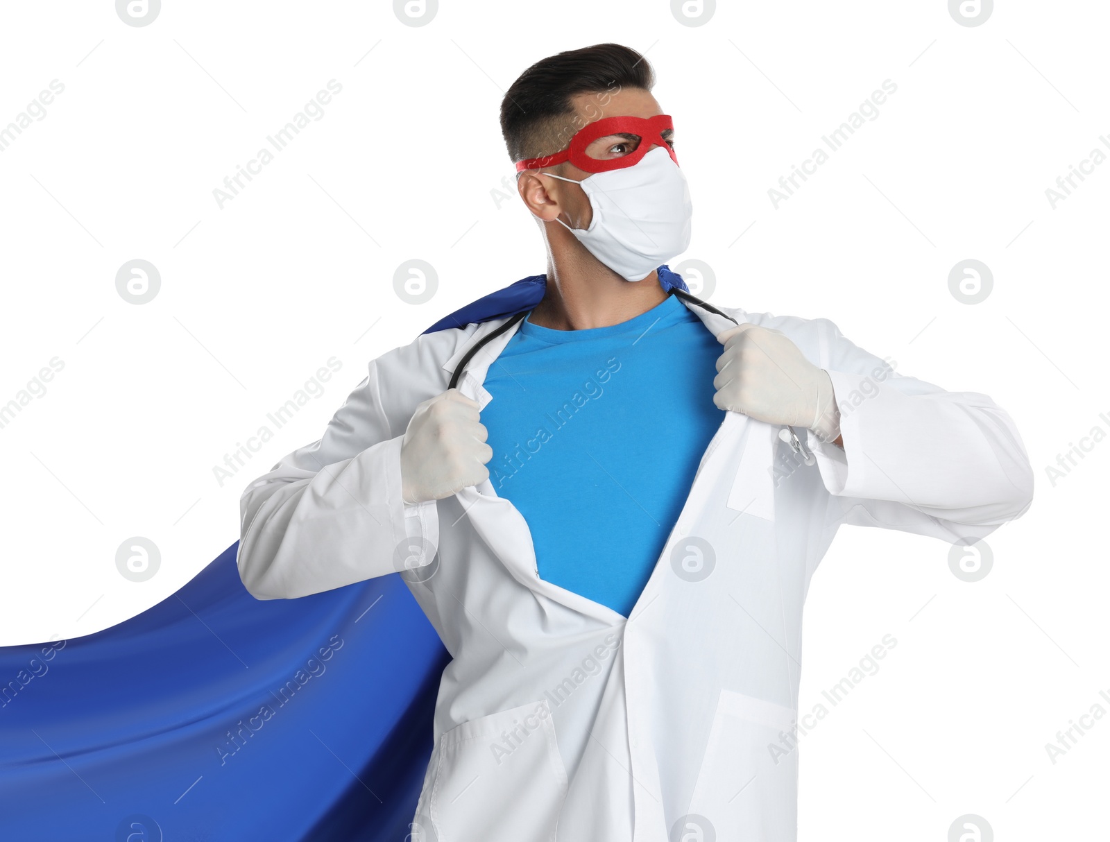 Photo of Doctor wearing face mask and cape on white background. Super hero power for medicine